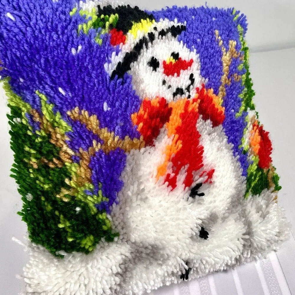 Vintage Latch Hook Shag Christmas Pillow Snowman with Scarf Winter 16” Holiday